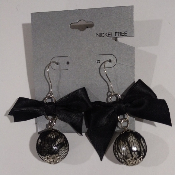 Black Bow-Tie Mesh Ball Drop Earrings, Elegant Silver-Tone Dangle Design Jewelry - Picture 3 of 9
